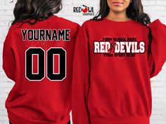 Personalized Red Devils School Spirit T-Shirt Crewneck, Hoodie Hooded Sweatshirt Football, Baseball, Basketball, Softball, Track, Volleyball, Cross Country, Cheer, Wrestling Not all colors are available in all sizes and styles.  Please check the color and size charts in photos. We do our best to accurately represent shirt colors by using actual photos but do understand that all monitors will display differently. Please contact us prior to purchase with any questions on sizing or colors. Your purchase includes a custom imprint created specifically for your team! A product proof will be emailed to you within 1 business day.  Please keep an eye on your Etsy messages and reply with any changes within 24 hours. Your order will be sent to production after that time if no response is received. Ex Red Team Spirit Tops For Fall, Red Sweatshirt With Team Name For Fall, Red Team Sweatshirt For Fall, Red Team Name Sweatshirt For Fall, Red Team Spirit Tops For Winter, Red Sweatshirt For Fan Merchandise In Fall, Red Winter Fan Gear Tops, Red Team Spirit Hoodie For Fall, Red Winter Sweatshirt For Sports Events