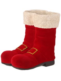 a pair of red boots with gold buckles and fur lined around the bottom, on a white background