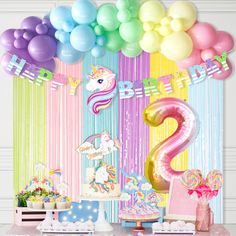 PRICES MAY VARY. UNICORN 2TH BITTHDAY DECORATIONS SET INCLUEDES - 1 x happy birthday banner, 2 x tinsel curtains, 1 x number 2 foil balloon, Macaron Balloons Garland includes 70 assorted sizes eco-friendly latex balloons, 1 x balloon garland strip, glue dots and white ribbon PERFECT FOR VARIOUS OCCASIONS - Our unicorn balloons arch kit is great for unicorn themed parties, birthday parties, girls’ parties, baby showers. The unicorn birthday decorations kit can be hung on the wall, outdoors, or us Unicorn 2nd Birthday Party, Unicorn 2nd Birthday, 2nd Birthday Party Decorations, Girls Second Birthday, Rainbow Birthday Banner, Unicorn Balloons, Unicorn Birthday Decorations, Unicorn Birthday Party Decorations, Balloons Arch