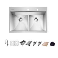 stainless steel double bowl kitchen sink with accessories