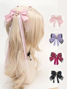 Bead Details Pink/Purple/Black/Red Heart Rhinestones Bowknot Hairclip Pearl Ribbon, Double Ponytail, Heart Rhinestone, Rose Violette, Ribbon Hair Bows, Hair Clips Girls, Vintage Gothic, Lace Bows, Bow Hair Clips