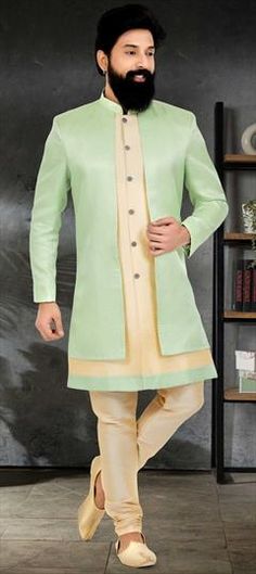 Gold, Green color IndoWestern Dress in Brocade fabric with Embroidered, Thread work Formal Green Kurta For Spring, Spring Formal Green Kurta, Spring Wedding Multicolor Kurta, Festival Green Brocade Kurta, Ceremonial Semi-stitched Brocade Kurta, Green Semi-stitched Sherwani With Traditional Drape, Pista Green Semi-stitched Bollywood Sherwani, Festive Green Semi-stitched Sherwani, Mens Sherwani