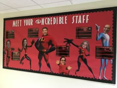 a bulletin board with pictures of people dressed as the incredible spider - man and woman