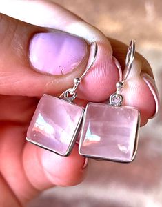 "Natural, pink Rose quartz drop/dangle earrings set in 925 Sterling Silver, ear-wire closures. --Total drop length/width: 1.10\" x 0.50\" inches. --Stone: 12mm, square." Modern Earrings With Rectangular Stone Gift, Modern Earrings With Rectangular Stone For Gift, Modern Rectangular Stone Earrings For Gifting, Rectangular Rose Gold Sterling Silver Jewelry, Sterling Silver Rectangular Gemstone Earrings, Elegant Pink Rectangular Earrings, Pink Square Cut Gemstone Jewelry, Pink Rectangular Stone Jewelry For Gift, Rectangular Pink Earrings For Gifts