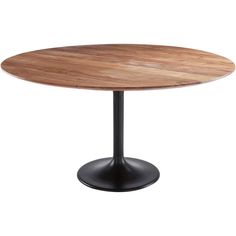 a round wooden table with black metal base and an oval wood dining table in the middle