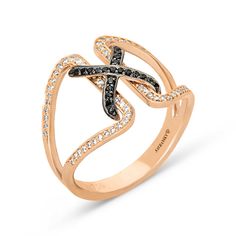 This contemporary design adds a hint of edgy and daring elegance to this Salt and Pepper Diamond Rose Gold Fashion Ring. Crafted in 18K rose gold, this ring features two alluring and beautifully designed square shaped shanks in a demi-pave, white diamond setting that brilliantly accent the open center. The open center is bound y a cross shaped pave lined with black diamonds, adding uniqueness and a contrast of color to the ring. Surprise your loved one with this exclusive, hand crafted designer Black Diamond Pendant, Rose Gold Fashion, Pepper Diamond, Orange Sapphire, Diamond Settings, Black Diamonds, Tennis Bracelet Diamond, Diamond Drops, Salt And Pepper Diamond