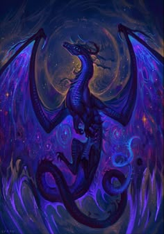 a blue dragon sitting on top of a purple and black background with stars in the sky