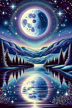 a painting of the night sky with stars and moon in it, as well as water