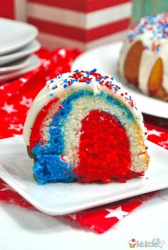 a red, white and blue bundt cake on a plate