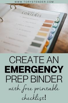 an emergency binder with free printable checklist on it and text overlay that reads create an emergency prep binder with free printable checklist