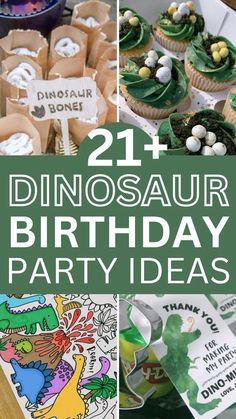 dinosaur birthday party ideas for kids with green and white decorations, including cupcakes