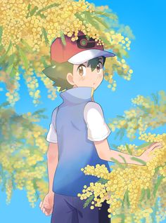 an anime character standing in front of some yellow flowers and holding his hand out to the side