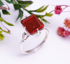 Main Stone = Lab Created Ruby Gemstone Colour : Red Gemstone Shape : Octagon Cut Material :9.25 Sterling Silver Quality Of Gemstone :AAA  Band Colour :Silver Your order will be handmade and ready for shipment in 3 to 5 Business days Normally we ship via DHL eCommerce it takes 3 to 4 weeks if you need faster delivery You can select Shipping in your cart. We are manufacture, supply, wholesale and export "Best Quality Product At Best Price". https://www.etsy.com/shop/SfGemsNJewelry -------------------- Payment Policy --------------------- * Only PayPal is Accepted * Payment Should be Made Within 3 Days of Purchase * Delivery Time :- 2-3 Weeks. ---------------------- Shipping Policy ---------------------- *Free World Wide Shipping is Available Thank you for visiting my shop! i hope you loving Ruby Crystal Ring For Promise, Red Crystal Promise Ring With Stone Setting, Red Crystal Ring With Stone Setting For Promise, Red Crystal Ring With Stone Setting For Anniversary, Red Stone Rings For Anniversary, Red Birthstone Ring With Gemstone Accents For Promise, Red Crystal Ring With Stone Setting As Gift, Red Crystal Ring With Stone Setting For Gift, Red Rings With Stones As A Gift