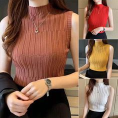 New High Quality Summer Autumn Women Mock Neck Top Turtleneck Sleeveless T-shirt Slim Knitted Vest Female Tee Knitwear Sleeveless Ribbed Winter Top, Sleeveless Ribbed Top For Winter, Knit Turtleneck Tank Top, High Neck Knit Tank Top, Knit High Neck Tank Top, Vest Tops Women, Turtleneck Sleeveless, Turtleneck Style, Sleeveless Knit Top