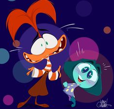 an orange and blue cartoon character next to another person with red hair, in front of a purple background