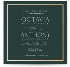 an elegant wedding card with gold foil on the front and back, featuring a green background