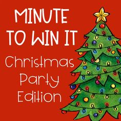 a christmas tree with the words minute to win it in white lettering on a red background