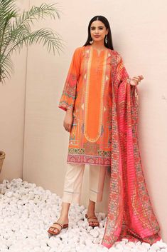 Nishat Linen 2 Piece - Digital Printed Suit - 42301071 Ramadan Summer Edition Orange Summer Lawn Suit, Orange Cotton Sets With Printed Motifs, Orange Printed Motif Sets For Summer, Orange Lawn Suit With Printed Motifs For Summer, Orange Printed Lawn Suit For Summer, Orange Printed Sets For Summer, Summer Orange Sets With Printed Motifs, Orange Unstitched Cotton Sets, Unstitched Orange Cotton Sets