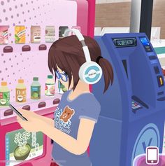 a girl is using her cell phone in front of a vending machine