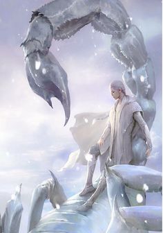 a man standing on top of an ice covered mountain next to a giant monster like creature