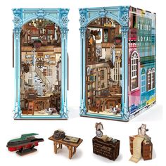 the inside of a dollhouse with furniture and bookshelves in it's display case