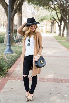 Fall Going Out Outfit Idea: long tan cardigan outfit, black fedora, chloe drew bag // brightontheday outfit, fall outfit idea, long camel cardigan outfit, how to wear a long cardigan, black jeans outfit, transitional style, simple fall outfit, leopard heels Camel Cardigan Outfit, Tan Cardigan Outfit, Fedora Outfit, Adrette Outfits, Fall Family Photo Outfits, 30 Outfits, Jeans Outfit Women, Tan Cardigan, Black Jeans Outfit