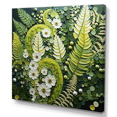 an abstract painting with white flowers and green leaves