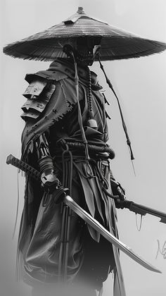 Samurai wearing armor and holding two katanas, with an umbrella on his head, in black and white | Download this image for Free on Zwin.io Swordsman Photography, Samurai Astethic, Apocalypse Samurai, For Honor Samurai, For Honor Characters, Japanese Ronin, Samurai Photography, White Samurai