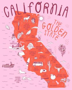 the california state map is shown in pink and orange, with an image of animals on it