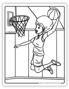 a girl jumping up to dunk a basketball in the hoop coloring page for kids