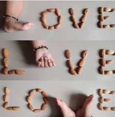 three pictures of hands and letters made out of almonds with the words love spelled in them