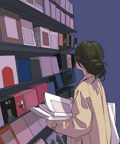 a woman is looking at books in a bookcase and she has her back to the camera