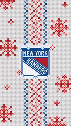 the new york rangers logo is shown in red, white and blue knitted fabric