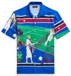 Summer Sports Events Short Sleeve Shirt, Cotton Printed Tops For Sports Events, Multicolor Cotton Tops For Sports Events, Graphic Print Tops For Golf In Summer, Fan Merchandise Cotton Shirt With All Over Print, Cotton Shirt With All Over Print For Fans, Cotton Tops With All Over Print For Sports Events, Cotton Golf Shirt With Graphic Print, Wimbledon Stadium