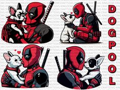 four different pictures of deadpool with dogs and cats on them, one is holding a cat