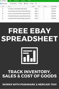 the free ebay spreadsheet for sales and cost of goods is shown in this screenshot