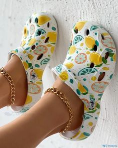 OrcaJump - Lemon-floral Print Perforated Clog Sandals with Cut-out Design Casual White Clogs For Vacation, White Flat Heel Clogs For Summer, White Synthetic Clogs For Vacation, White Non-slip Clogs For Spring, Non-slip White Clogs For Spring, White Flat Clogs For Beach, White Flat Clogs For The Beach, White Flat Clogs For Summer, Casual White Closed Toe Jelly Sandals