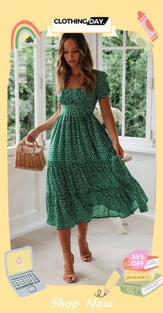 Summer Vacation Tiny Floral Print Short Sleeve Midi Dress Green Maxi Dress Regular Fit, Green Bohemian Floral Dress For Day Out, Bohemian Green Floral Dress For Day Out, Bohemian Square Neck Dress For Day Out, Casual Non-stretch Maxi Dress For Garden Party, Casual Green Floral Maxi Dress, Casual Green Maxi Dress With Square Neck, Mid-length Floral Dress For Vacation, Green Bohemian Dress With Square Neck