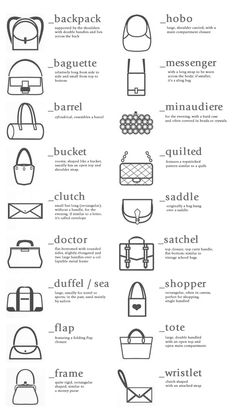 the different types of purses are shown in black and white, with text above them