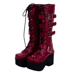 othic Punk Platform Boots, Knee High, High Chunky Platform Boots, Riding Boots, Long Boots, Zipper Boots. Biker Boots, Punk Goth Cosplay Boots Women Burgundy Leather Buckle Straps Lace Up High Boots.

Looking to make a fashion statement? Then you can't go wrong with these awesome chunky, gothic, punk, platform boots.
4.3 inch heels are no problem with these super soft comfortable boots you will feel like you are floating on air and they are surprisingly easy to walk in. Standing or walking for l Platform Boots Chunky, Basic Boots, Pu Boots, Buy Boots, Cosplay Boots, Punk Boots, Japanese Harajuku, High Leather Boots, Super High Heels