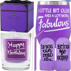 a purple candle and two pairs of gloves with the words happy birthday written on them