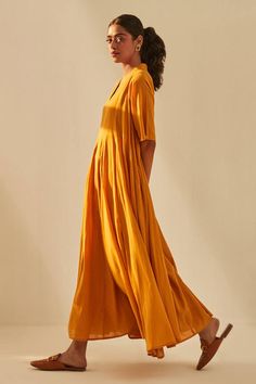 Mustard dress with gathered detailing. - Aza Fashions Mustard Dress, Adah Sharma, Diana Penty, Mustard Dressing, Gathered Dress, Luxury Sale, Modern Bride, Types Of Dresses, Dress For Women