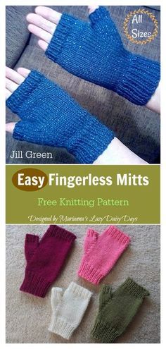 three knit fingerless mitts are shown with the text, easy fingerless mitts free knitting pattern