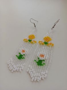 Seed Bead Daisy, Bead Daisy, Earrings Seed Beads, Bead Earring, Daisy Jewelry, Flowers Handmade, Fringe Earrings, Plant Pot, Seed Bead