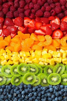 a rainbow colored fruit tray with kiwis, raspberries, strawberries and oranges