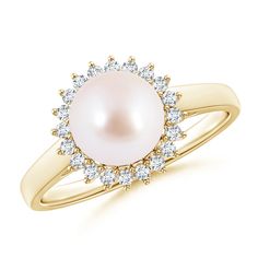 Peg set within a floral diamond halo, the round Akoya cultured pearl in white charms with its unmatched luster. The enduring 14K yellow gold band adds to its alluring look. Wear this vintage-inspired diamond halo ring alone or stack with other rings of your choice to make a classic style statement. Akoya Pearl Ring, Cultured Pearl Ring, Floral Halo, Pearl Vintage, Freshwater Pearl Ring, Diamond Halo Ring, Rose Gold Band, Akoya Pearls, South Sea Pearls