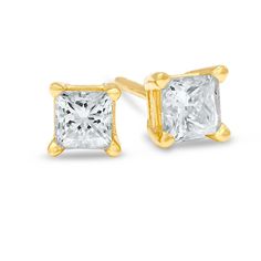 Your look isn't complete without these classic diamond solitaire stud earrings. Created in 14K gold, each earring showcases a sparkling princess-cut diamond solitaire. Radiant with 1/5 ct. t.w. of diamonds and a brilliant buffed luster, these post earrings secure comfortably with friction backs. Halo Engagement Ring Wedding Band, Engagement Rings Vintage Halo, Gold Diamond Wedding Band, Diamond Engagement Rings Vintage, Engagement Ring Diamond Cut, Solitaire Studs, Princess Cut Diamonds, Vintage Engagement Rings, Diamond Stone