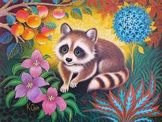 a painting of a raccoon sitting in the middle of flowers and fruit trees