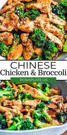 chicken and broccoli in a skillet with the title above it reads chinese chicken and broccoli