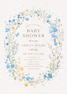 a baby shower is shown with blue and yellow flowers in a circle on white paper